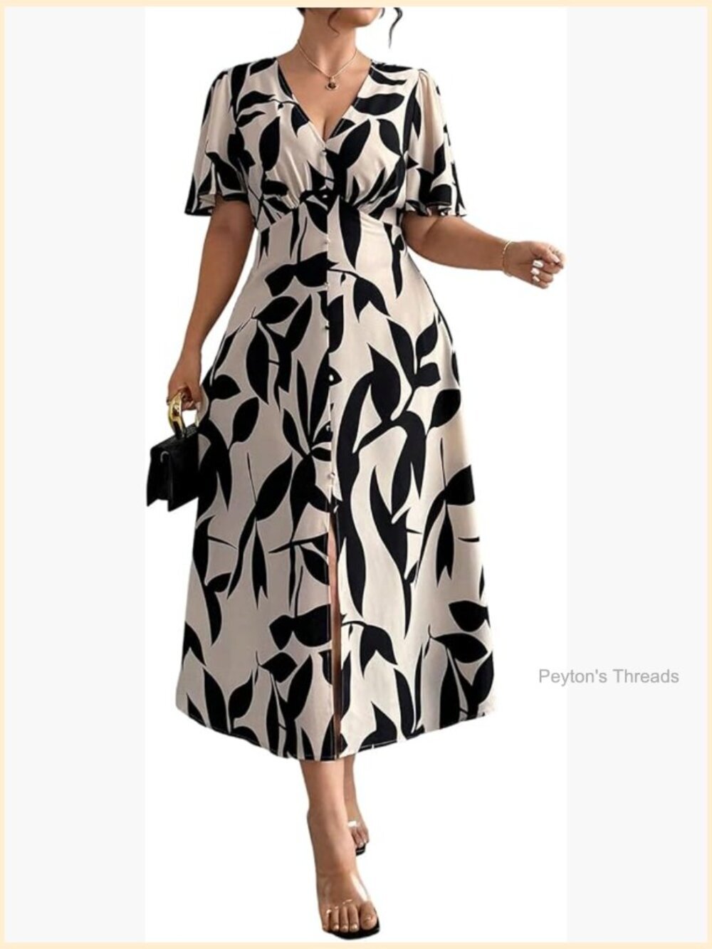 Plus Size Tropical Midi Dress V-Neck Split Flounce Sleeve A-Line Vacation Dress